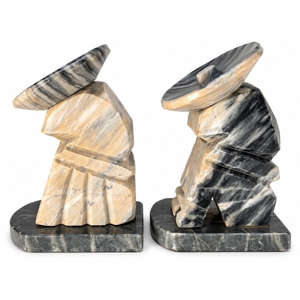 Vintage Mexican Onyx Siesta Bookends Hand Carved Sombrero Folk Art Marble Pair